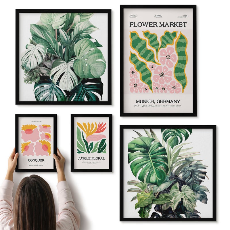 Galeria ścienna 5-częściowy komplet obrazów w czarnych ramach - Roślinne motywy i kwiatowe akcenty w stylu boho - ArtPrintCave