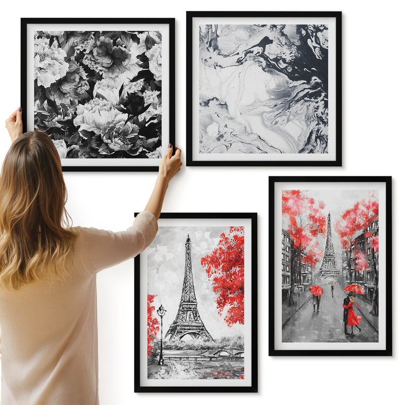 Galeria ścienna 4-częściowy komplet obrazów w czarnych ramach - Wieża Eiffla szare malunki z czerwonymi akcentami - ArtPrintCave