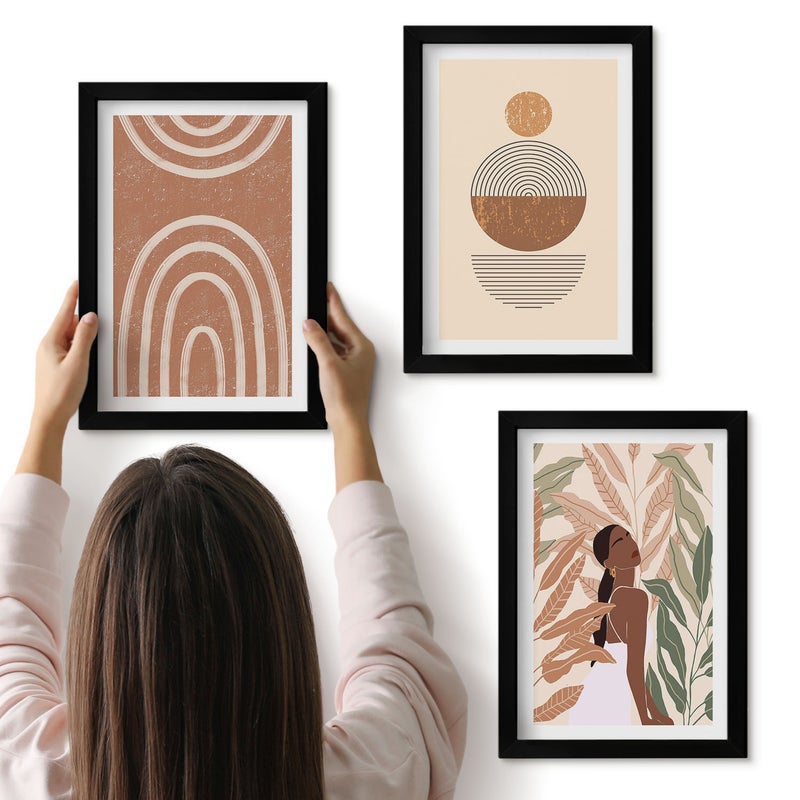 Galeria ścienna 3-częściowy komplet obrazów w czarnych ramach - Stylowe wzory z roślinnymi motywami i geometrycznymi kształtami - ArtPrintCave