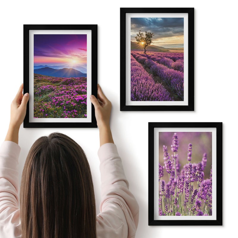 Galeria ścienna 3-częściowy komplet obrazów w czarnych ramach - Krajobraz z lawendowymi polami i zachodem słońca - ArtPrintCave