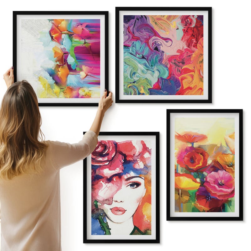 Galeria ścienna 4-częściowy komplet obrazów w czarnych ramach - Kwiaty w intensywnych kolorach portret kobiety abstrakcja - ArtPrintCave
