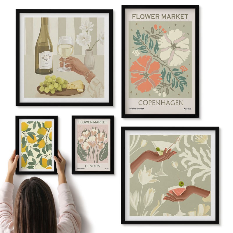 Galeria ścienna 5-częściowy komplet obrazów w czarnych ramach - Kwiatowe rynki i owocowe inspiracje w stylu vintage - ArtPrintCave