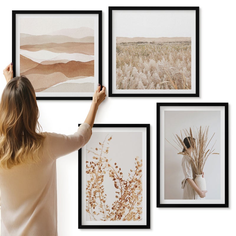 Galeria ścienna 4-częściowy komplet obrazów w czarnych ramach - Roślinne motywy abstrakcja styl rustykalny boho - ArtPrintCave