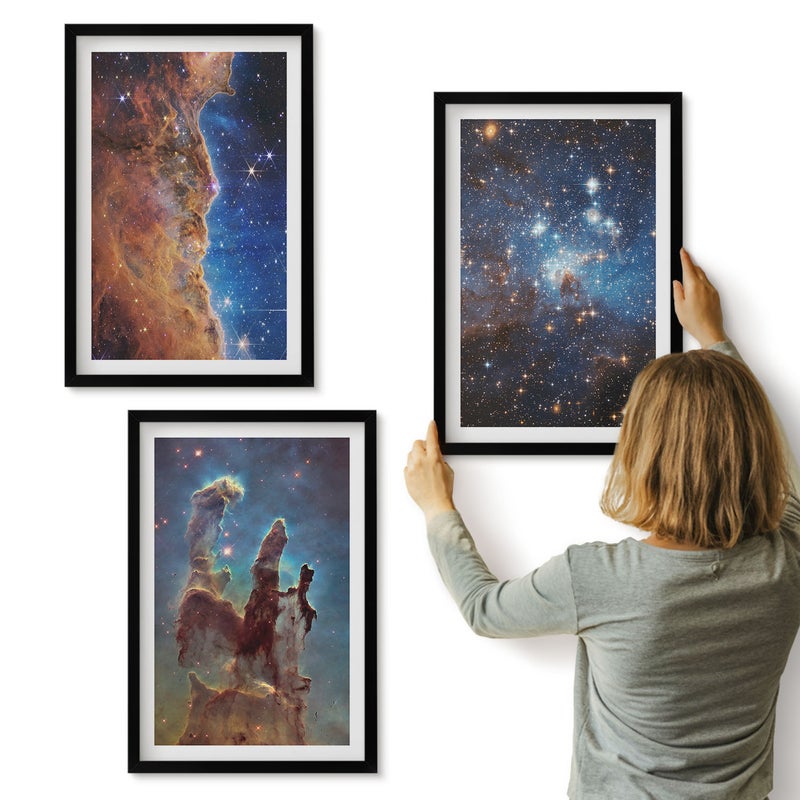 Galeria ścienna 3-częściowy komplet obrazów w czarnych ramach - Kosmiczne krajobrazy z galaktykami i mgławicami - ArtPrintCave