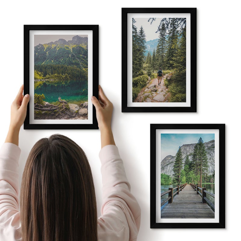 Galeria ścienna 3-częściowy komplet obrazów w czarnych ramach - Góry jeziora lasy i ścieżki w naturze - ArtPrintCave