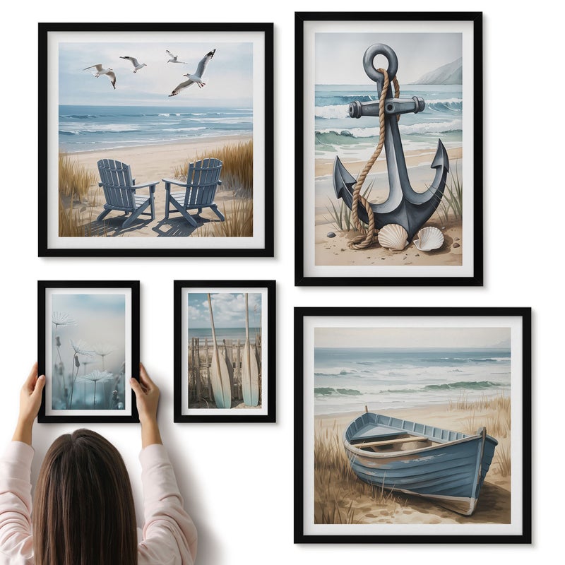 Galeria ścienna 5-częściowy komplet obrazów w czarnych ramach - Styl nadmorski inspiracje z morzem i plażą - ArtPrintCave