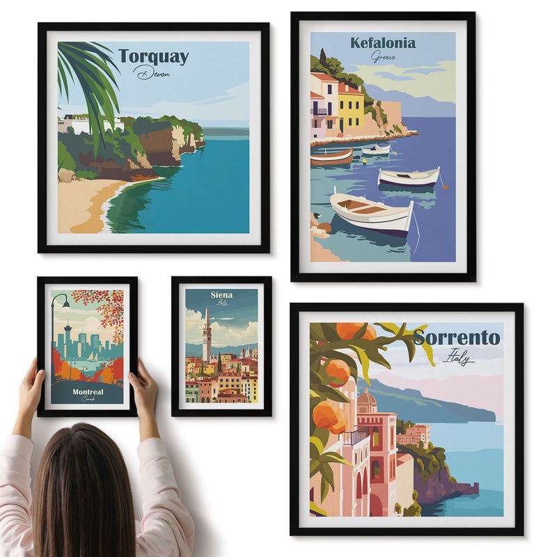Galeria ścienna 5-częściowy komplet obrazów w czarnych ramach - Krajobrazy nadmorskie z europejskich miejscowości turystycznych - ArtPrintCave