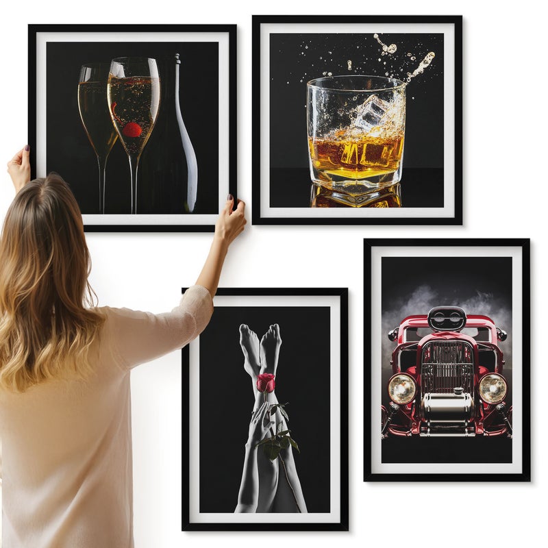 Galeria ścienna 4-częściowy komplet obrazów w czarnych ramach - Kobiece nogi z różą stary samochód wino whisky - ArtPrintCave