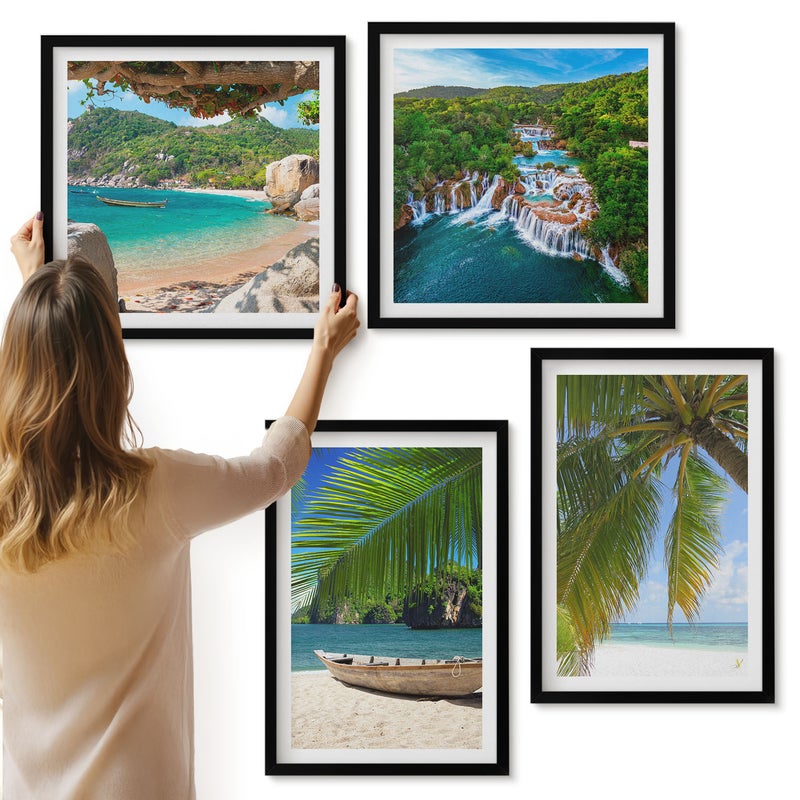 Galeria ścienna 4-częściowy komplet obrazów w czarnych ramach - Plaża z łodzią wodospady i palmy w tropikach - ArtPrintCave