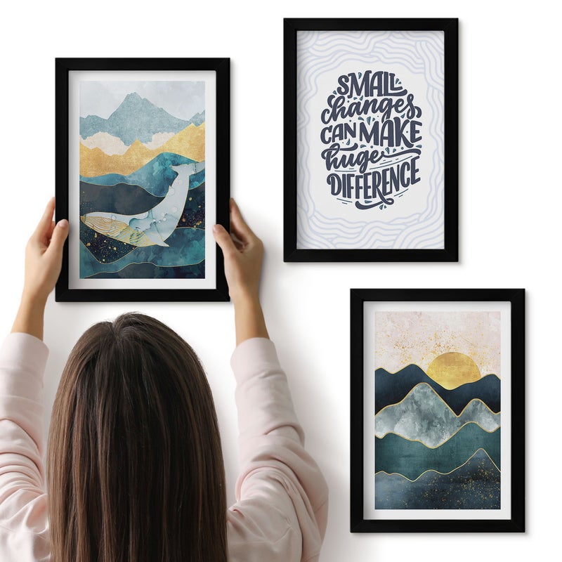 Galeria ścienna 3-częściowy komplet obrazów w czarnych ramach - Abstrakcyjne pejzaże górskie inspirujący napis - ArtPrintCave