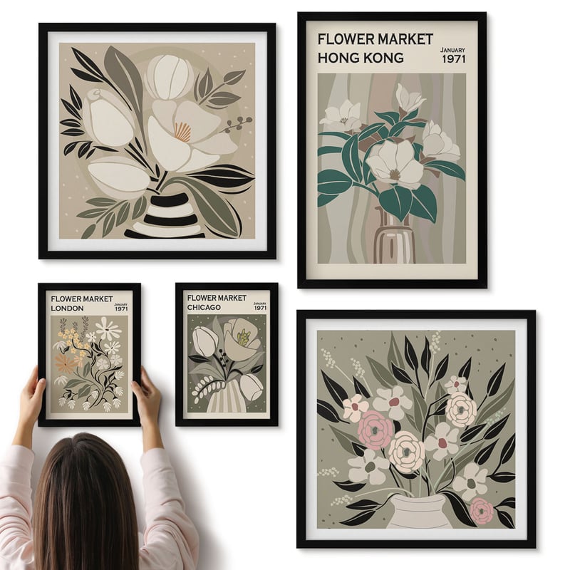 Galeria ścienna 5-częściowy komplet obrazów w czarnych ramach - Kwiatowe targi z różnych miast styl retro i vintage - ArtPrintCave