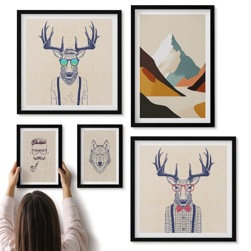 Galeria ścienna 5-częściowy komplet obrazów w czarnych ramach - Stylowe portrety zwierząt z górskim krajobrazem - ArtPrintCave