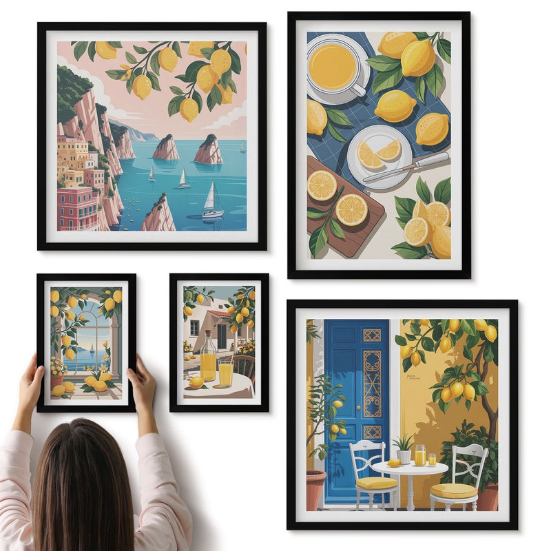 Galeria ścienna 5-częściowy komplet obrazów w czarnych ramach - Motyw cytryn świeżość i letnia atmosfera w stylu boho - ArtPrintCave