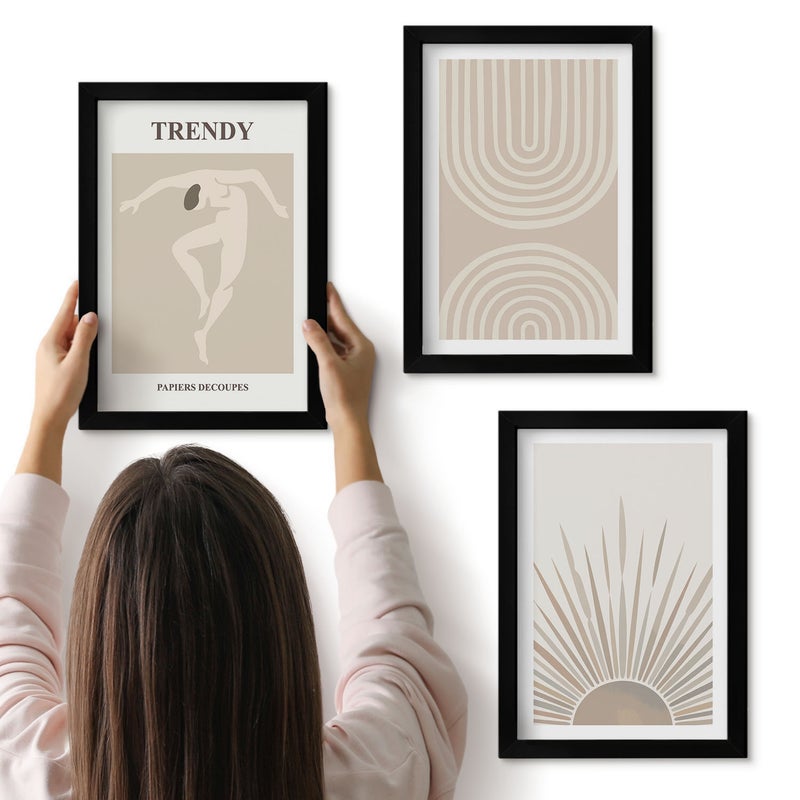 Galeria ścienna 3-częściowy komplet obrazów w czarnych ramach - Pastelowe postery modne abstrakcje boho - ArtPrintCave