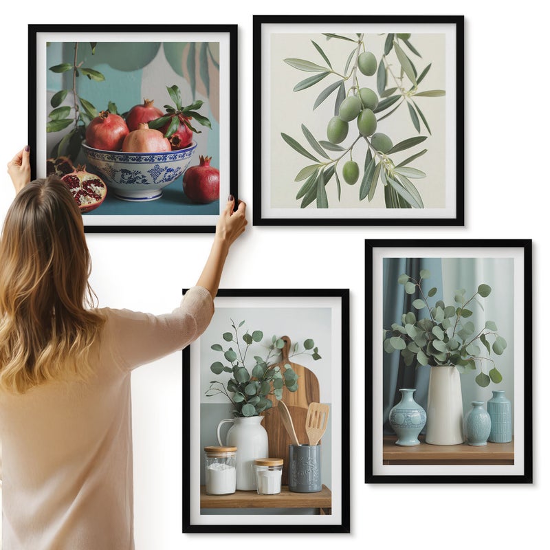Galeria ścienna 4-częściowy komplet obrazów w czarnych ramach - Zielone oliwki i gałązki eukaliptusa estetyczne - ArtPrintCave