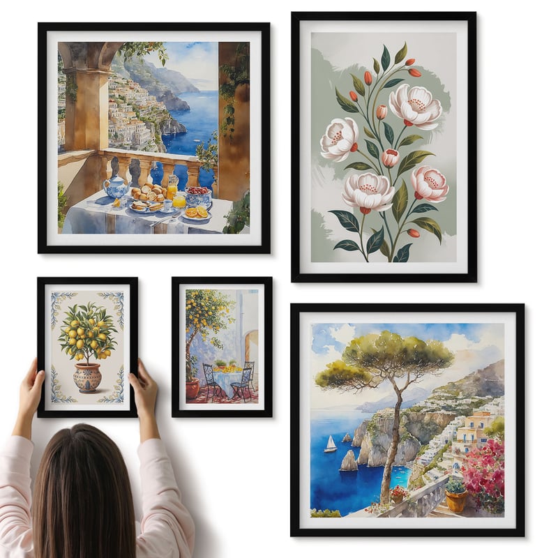 Galeria ścienna 5-częściowy komplet obrazów w czarnych ramach - Kwiatowe motywy i widoki na malownicze krajobrazy - ArtPrintCave