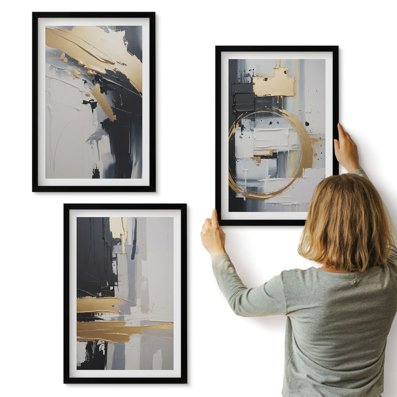 Galeria ścienna 3-częściowy komplet obrazów w czarnych ramach - Abstrakcyjne kompozycje malarskie w czerni i bieli - ArtPrintCave