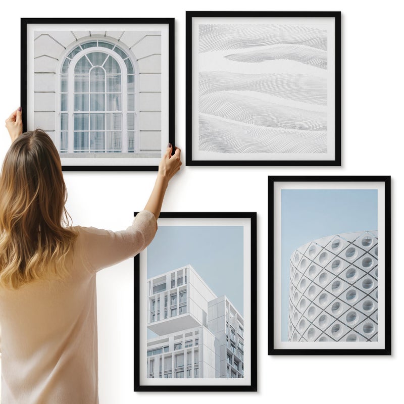 Galeria ścienna 4-częściowy komplet obrazów w czarnych ramach - Nowoczesna architektura minimalizm i geometria - ArtPrintCave
