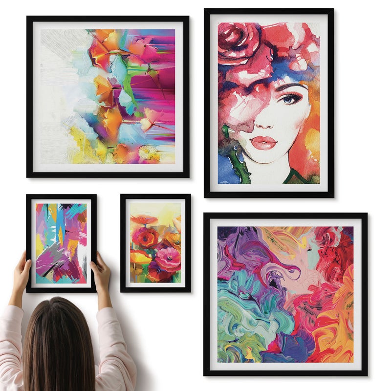 Galeria ścienna 5-częściowy komplet obrazów w czarnych ramach - Kolorowe abstrakcje i portrety w stylu nowoczesnym - ArtPrintCave