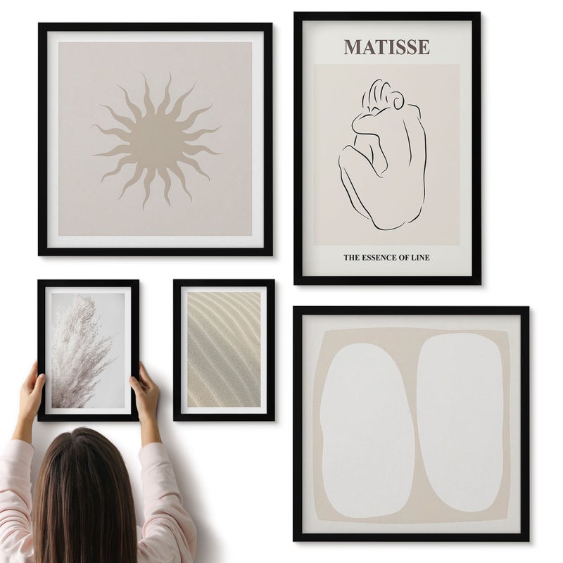 Galeria ścienna 5-częściowy komplet obrazów w czarnych ramach - Styl boho minimalistyczne formy i naturalne motywy - ArtPrintCave