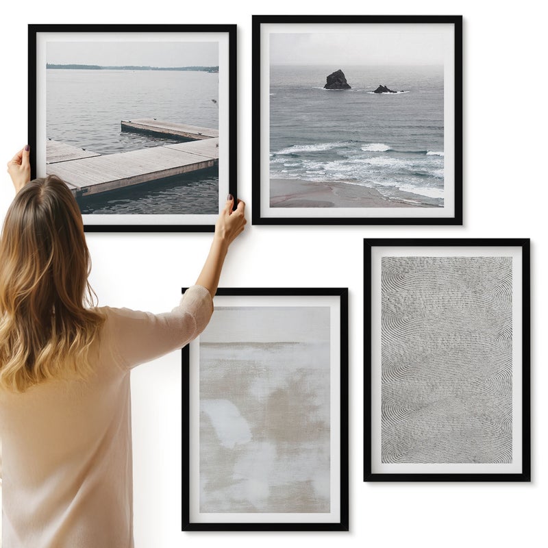 Galeria ścienna 4-częściowy komplet obrazów w czarnych ramach - Abstrakcja w designie nowoczesne tekstury malarskie - ArtPrintCave