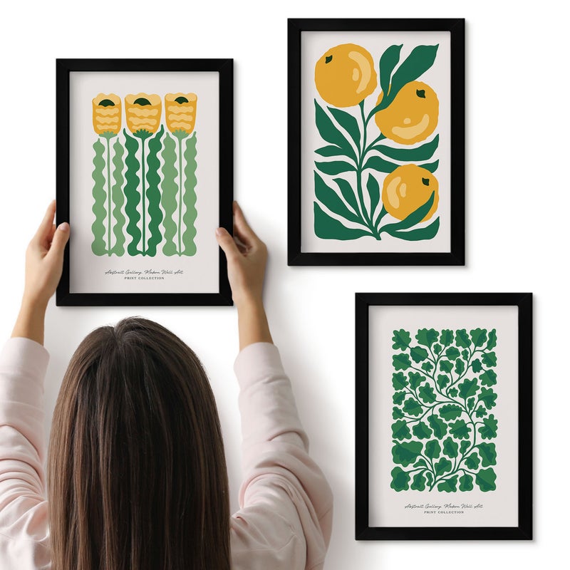 Galeria ścienna 3-częściowy komplet obrazów w czarnych ramach - Roślinne wzory z kwiatami i liśćmi postery - ArtPrintCave