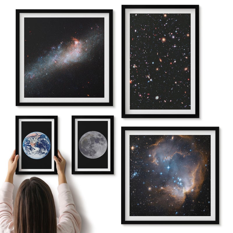 Galeria ścienna 5-częściowy komplet obrazów w czarnych ramach - Kosmiczne pejzaże galaktyki i układu słonecznego - ArtPrintCave