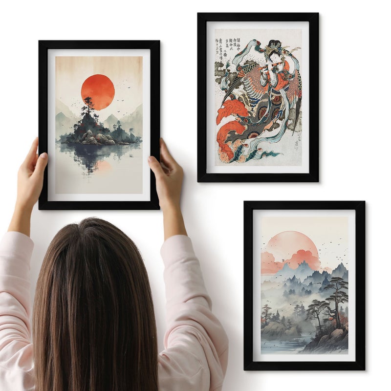 Galeria ścienna 3-częściowy komplet obrazów w czarnych ramach - Azjatyckie malunki pejzaże i portret w stylu japandi - ArtPrintCave