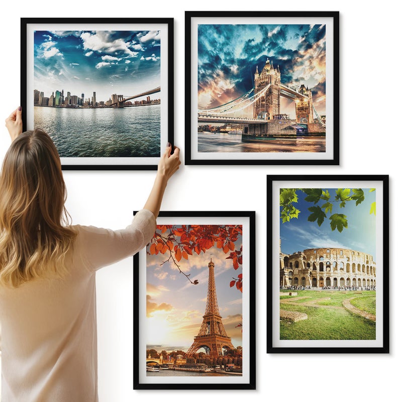 Galeria ścienna 4-częściowy komplet obrazów w czarnych ramach - Zabytki Europy w ciepłych kolorach krajobrazu - ArtPrintCave