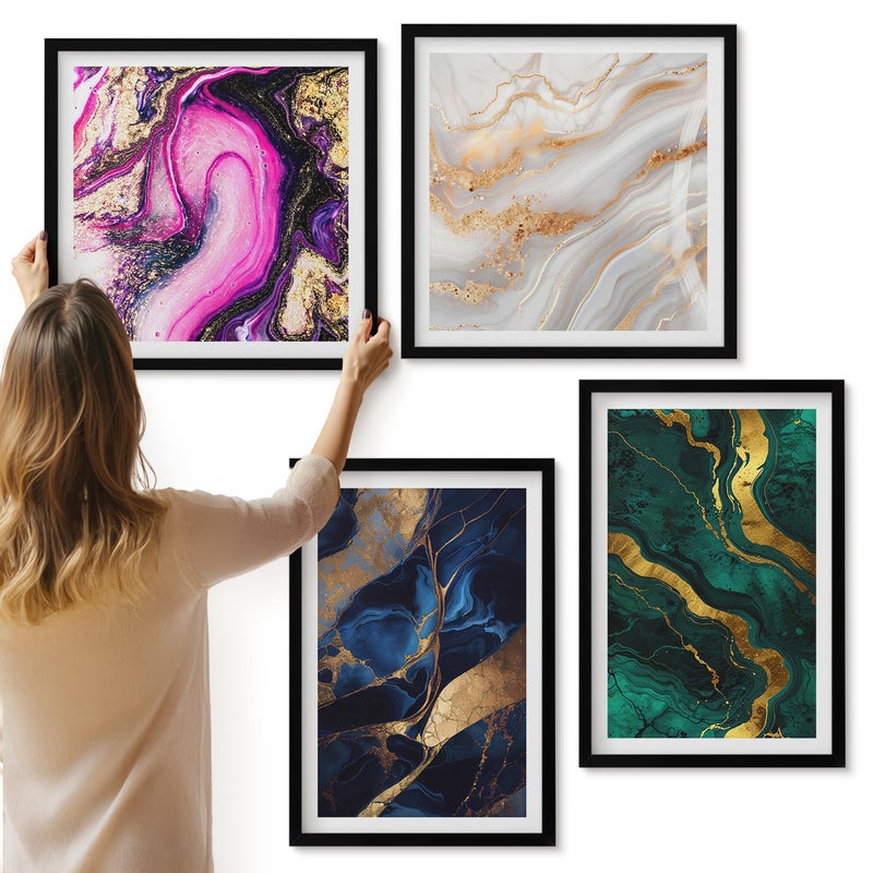 Galeria ścienna 4-częściowy komplet obrazów w czarnych ramach - Abstrakcyjne wzory marmuru i zmieszanych farb - ArtPrintCave