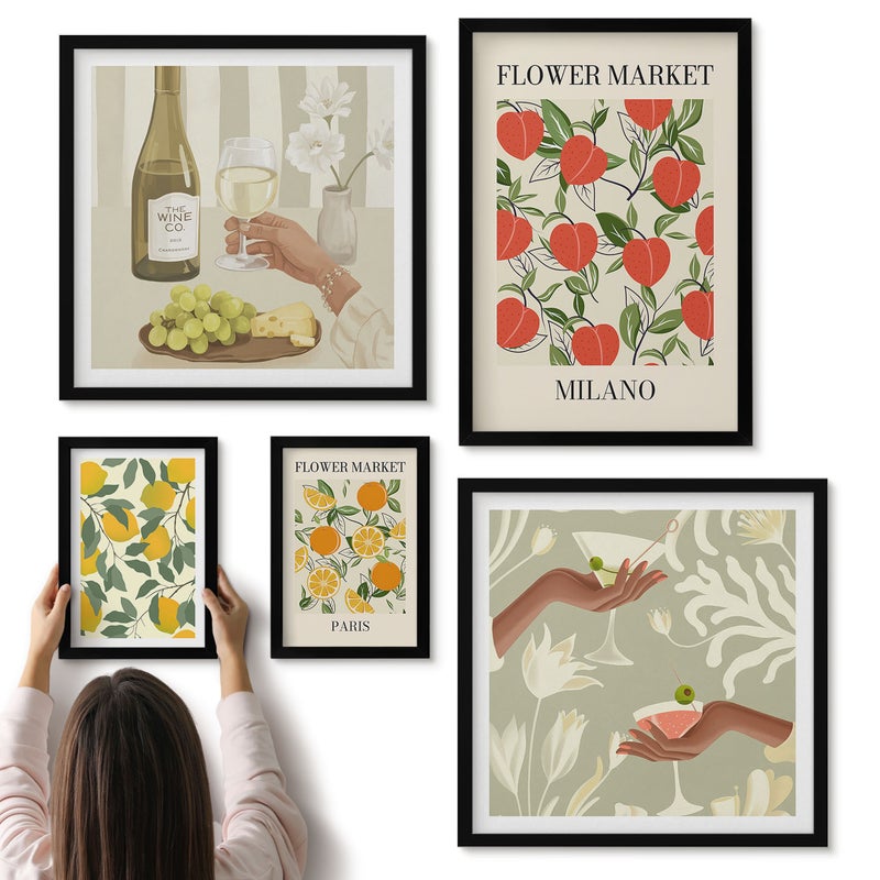 Galeria ścienna 5-częściowy komplet obrazów w czarnych ramach - Kwiatowe targi owoce w stylu vintage z miast europejskich - ArtPrintCave