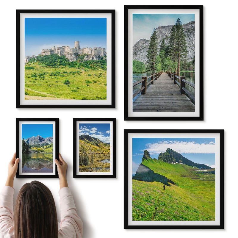Galeria ścienna 5-częściowy komplet obrazów w czarnych ramach - Naturalne krajobrazy górskie z wodospadami i lasami - ArtPrintCave