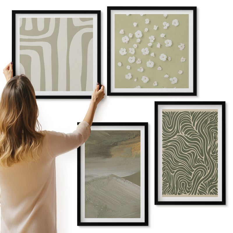 Galeria ścienna 4-częściowy komplet obrazów w czarnych ramach - Wzory faliste i abstrakcyjne z kwiatami boho - ArtPrintCave