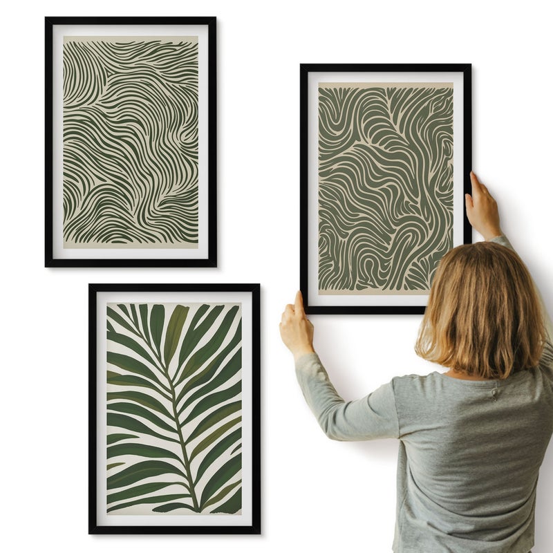Galeria ścienna 3-częściowy komplet obrazów w czarnych ramach - Wzory abstrakcyjne z liśćmi i falistymi kształtami - ArtPrintCave