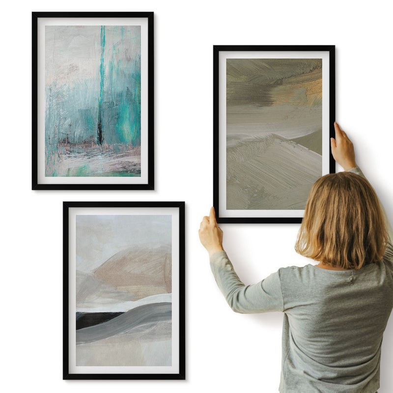 Galeria ścienna 3-częściowy komplet obrazów w czarnych ramach - Malowana abstrakcja minimalistyczne dekoracje - ArtPrintCave