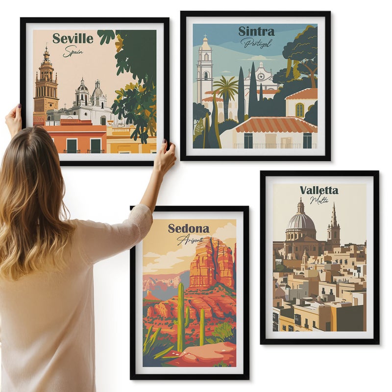Galeria ścienna 4-częściowy komplet obrazów w czarnych ramach - Widoki miast Sedona Sintra Seville Valletta w stylu retro - ArtPrintCave