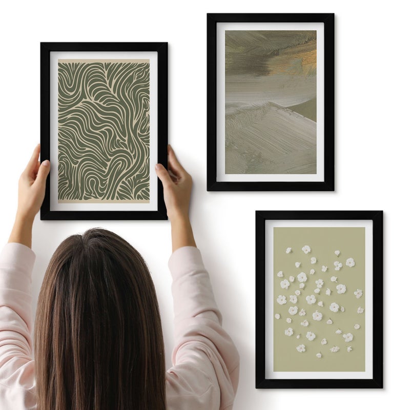 Galeria ścienna 3-częściowy komplet obrazów w czarnych ramach - Wzory faliste i abstrakcyjne z kwiatami boho - ArtPrintCave