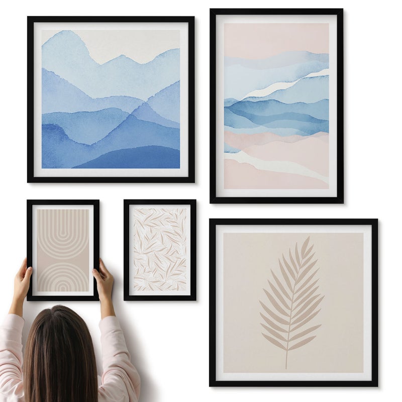 Galeria ścienna 5-częściowy komplet obrazów w czarnych ramach - Abstrakcyjne pejzaże w pastelowych odcieniach z liśćmi - ArtPrintCave