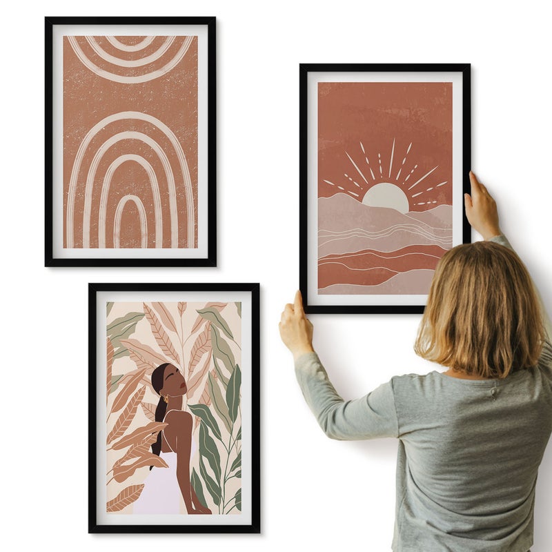 Galeria ścienna 3-częściowy komplet obrazów w czarnych ramach - Boho abstrakcyjne kształty i ilustracje - ArtPrintCave
