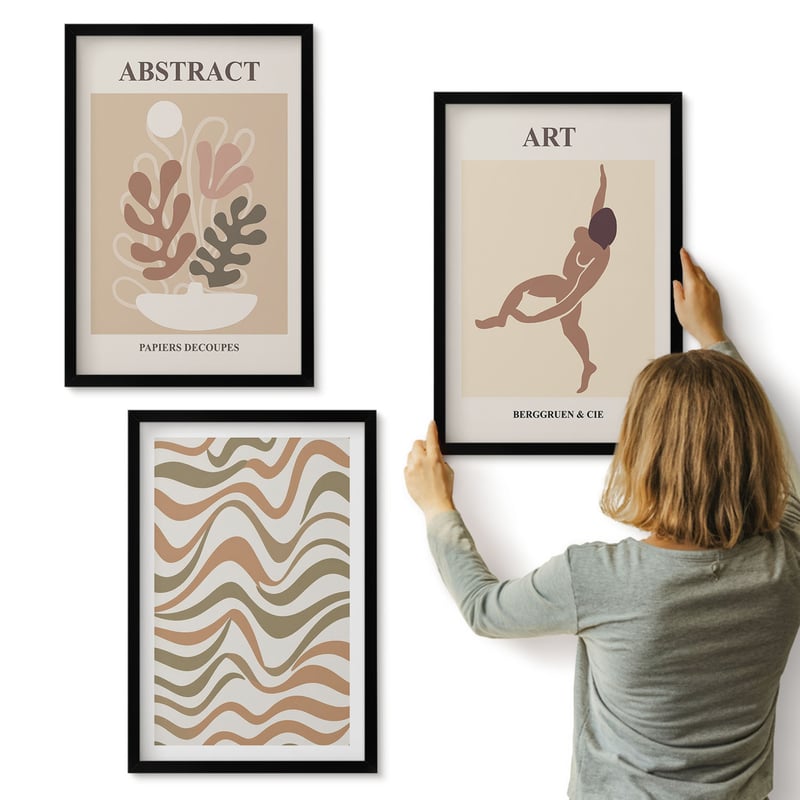 Galeria ścienna 3-częściowy komplet obrazów w czarnych ramach - Abstrakcyjne kształty i wzory Matisse boho - ArtPrintCave