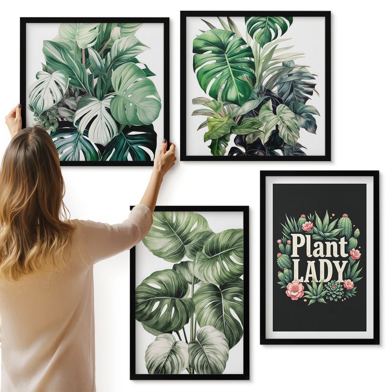 Galeria ścienna 4-częściowy komplet obrazów w czarnych ramach - Rośliny tropikalne z napisem Plant Lady w zieleni - ArtPrintCave