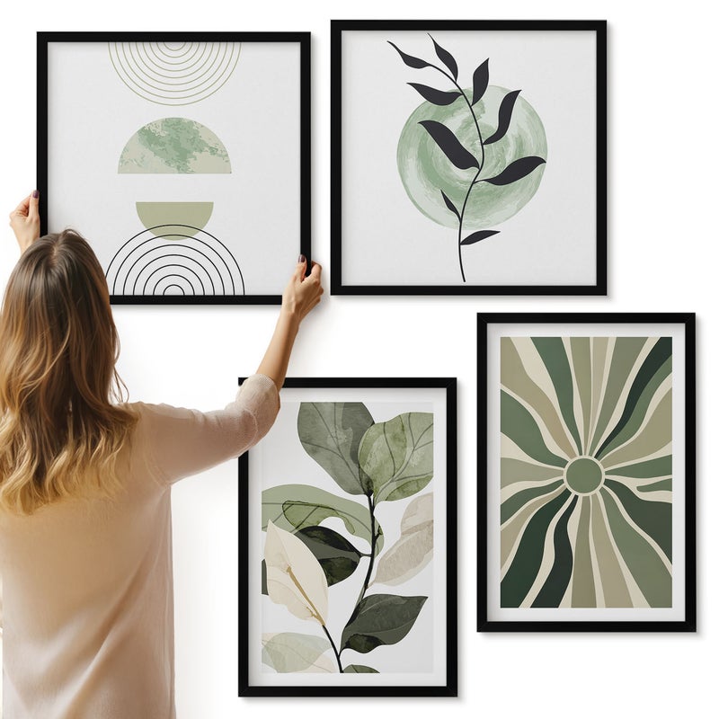 Galeria ścienna 4-częściowy komplet obrazów w czarnych ramach - Roślinne motywy z geometrycznymi kształtami w zieleni - ArtPrintCave
