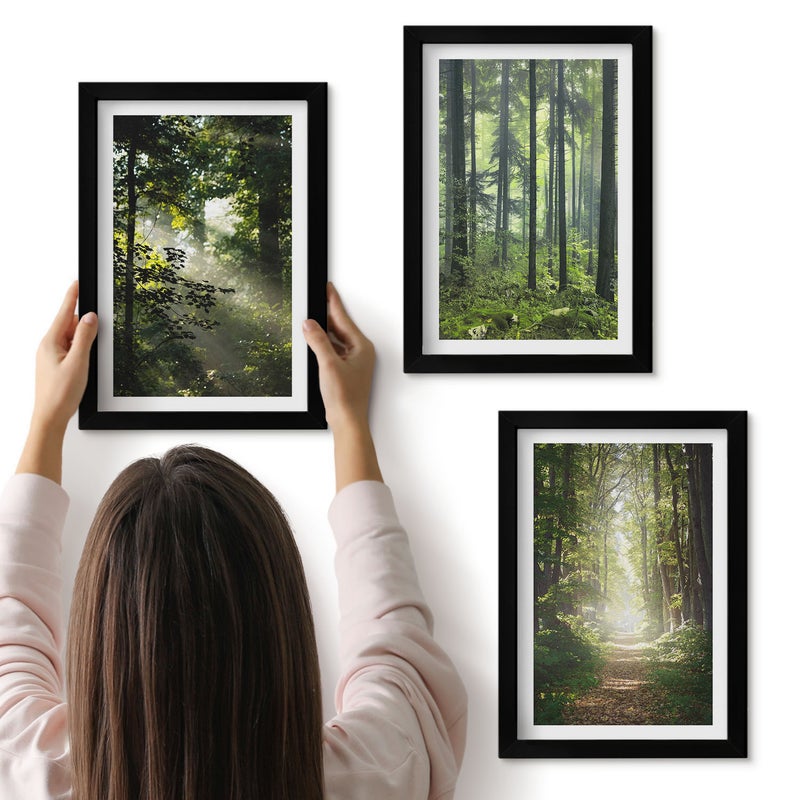 Galeria ścienna 3-częściowy komplet obrazów w czarnych ramach - Zielone lasy z promieniami światła i leśną ścieżką - ArtPrintCave