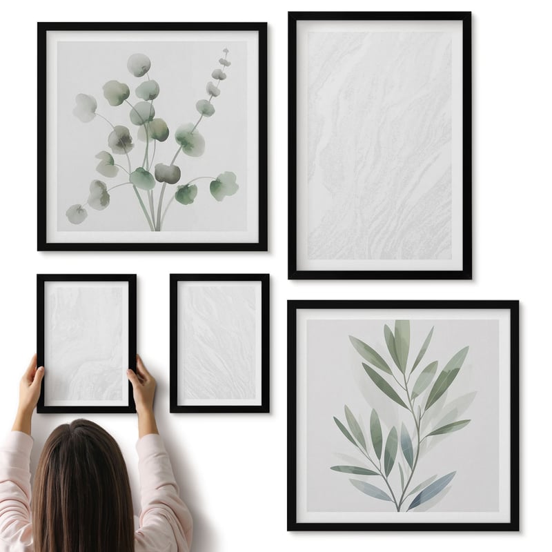 Galeria ścienna 5-częściowy komplet obrazów w czarnych ramach - Elegancki marmur linearna struktura kamienna pastelowe gałązki - ArtPrintCave
