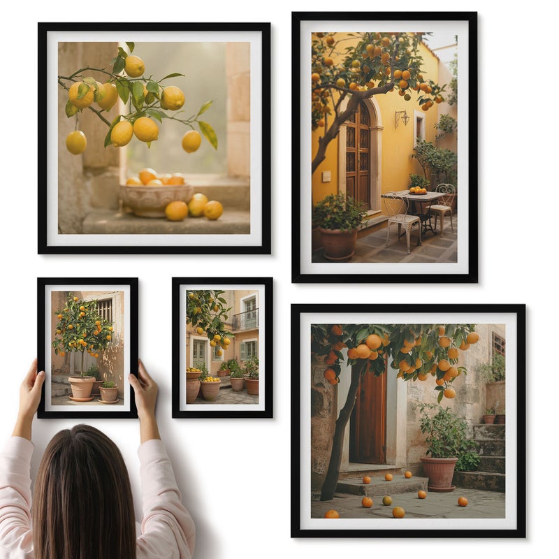 Galeria ścienna 5-częściowy komplet obrazów w czarnych ramach - Owoce cytrusowe w urokliwych zakątkach ogrodu - ArtPrintCave
