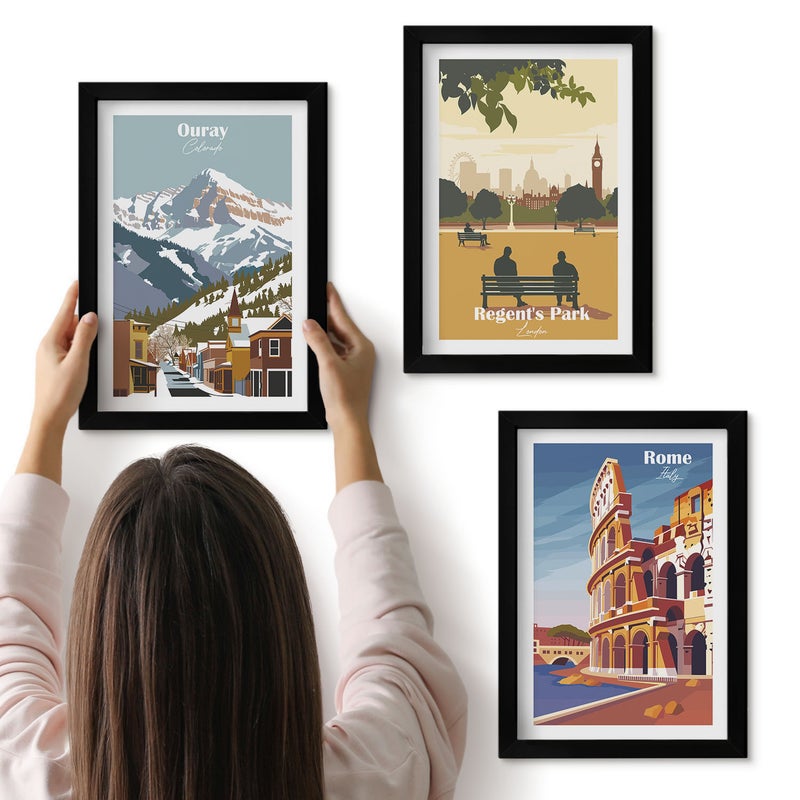 Galeria ścienna 3-częściowy komplet obrazów w czarnych ramach - Góry w Ouray Park w Londynie Koloseum w Rzymie - ArtPrintCave