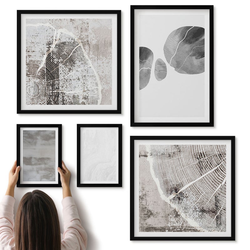 Galeria ścienna 5-częściowy komplet obrazów w czarnych ramach - Abstrakcyjne kształty i struktury styl nowoczesny - ArtPrintCave