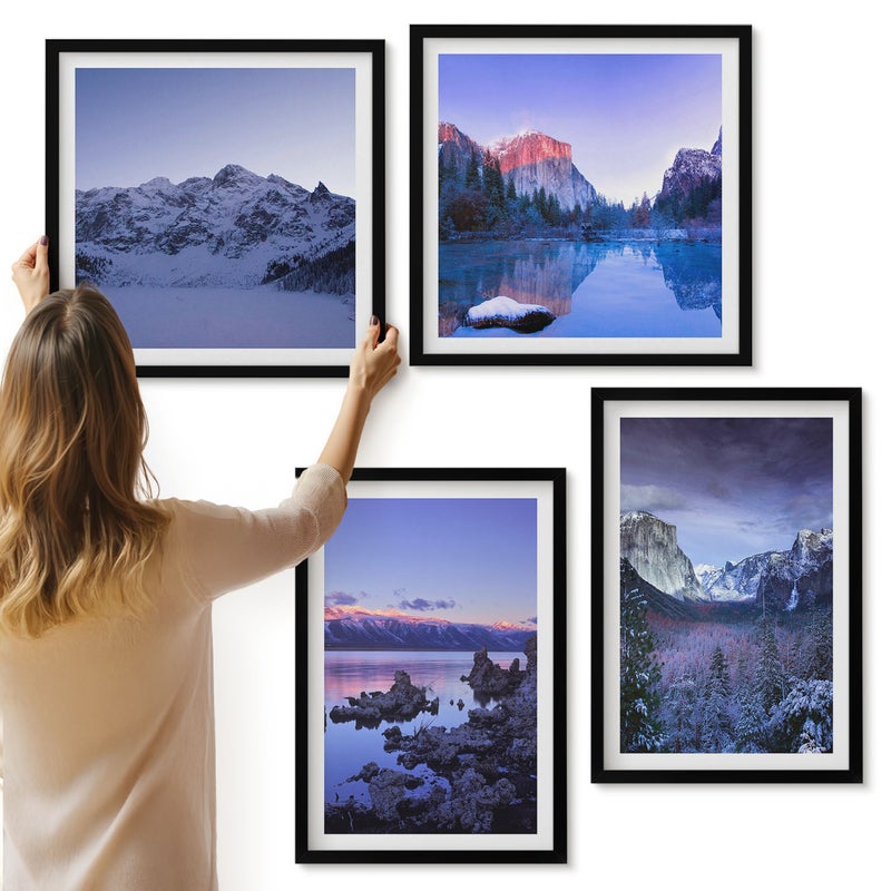 Galeria ścienna 4-częściowy komplet obrazów w czarnych ramach - Górskie pejzaże o zmierzchu widoki na wodę - ArtPrintCave