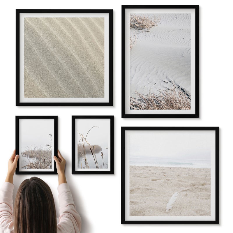 Galeria ścienna 5-częściowy komplet obrazów w czarnych ramach - Minimalistyczne motywy natury plażowej i piasku - ArtPrintCave