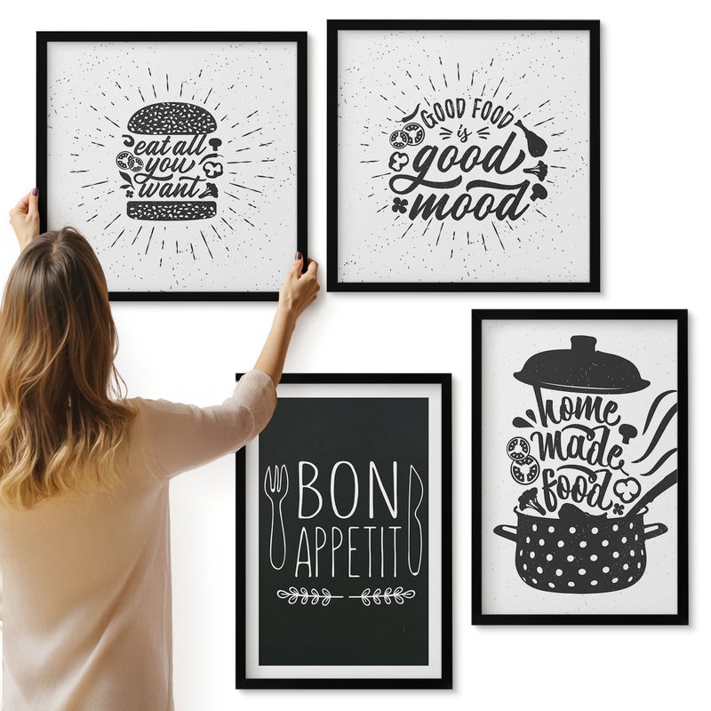 Galeria ścienna 4-częściowy komplet obrazów w czarnych ramach - Grafika z jedzeniem i hasłami kulinarnymi - ArtPrintCave